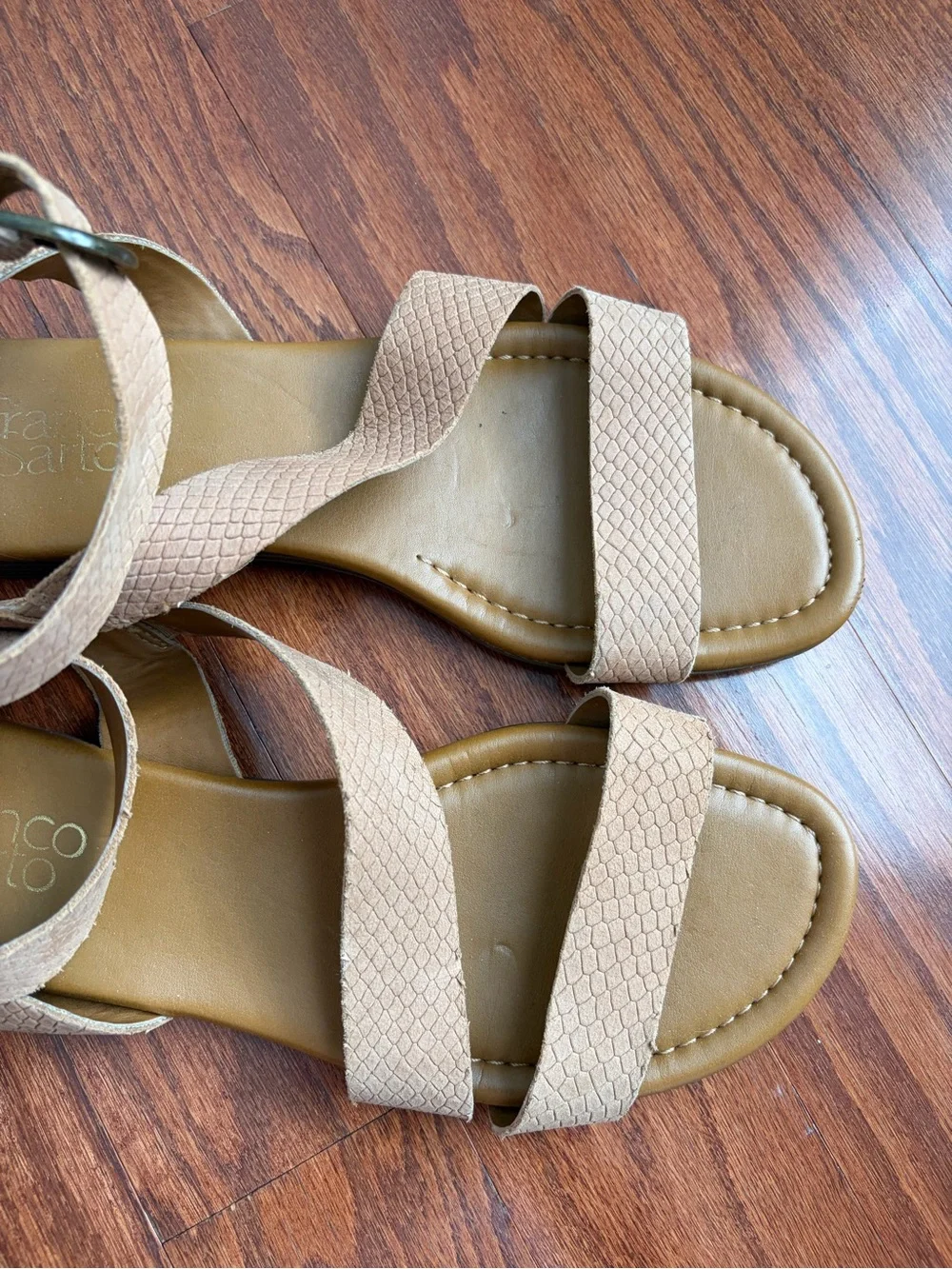Franco Sarto Gustar Neutral Tan Crisscross Ankle-Strap Sandals, size 8